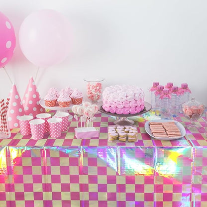 6 Pack Pink and Iridescent Checkered Plastic Tablecloth, Shiny Disposable Laser Rectangle Table Covers, Holographic Foil Tablecloth Iridescent Party Decorations for Picnic Camping Outdoor, 54x108Inch