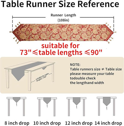 Luxury Vintage Table Runners 108 inches Long Embroidery Jacquard Fabric with Multi-Tassels Table Runners for Dining Room Dresser Wedding Christmas Thanksgiving Party Decorations (Red, 12X108inch)