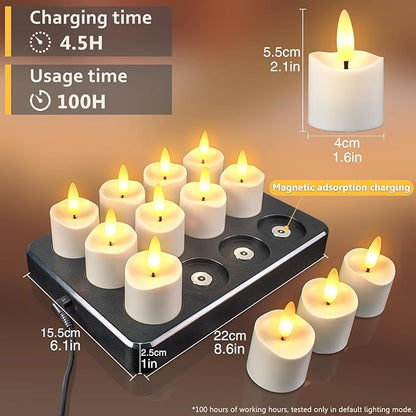 HL Rechargeable Waterproof Tea Lights,100H+ Highly Bright Led Flameless Candles,Magnetic Charging Battery Candles with Remote,Electric Votive Candles for Home Halloween Christmas Decorative-12pcs