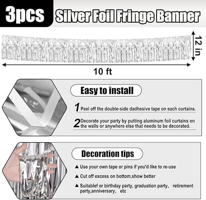 3 Pack 10 Long Silver Metallic Foil Fringe Garland Wall Hanging Tassle Banner, Mother's Day, Easter, Parade Floats, Birthday, Theme Party, Wedding Party Decorations