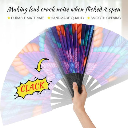 SYNTECSO Folding Hand Fan for Rave, UV Glow Fan, Large Bamboo Fan for Drag Queen, Women and Men Gift，Chinese Japanese Clack Fan for Parties, Music Festivals, EDM and Decoration