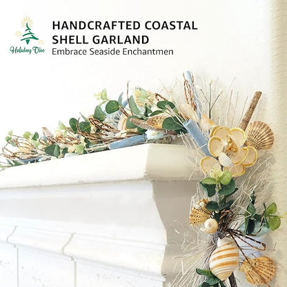 5' Coastal Shell Garland – Handcrafted Holiday Tree Wall Decor with Capiz Shells, Driftwood & Twigs – Coastal Elegance for Home, Mantle Decor, Bedroom, Dining & Doorway