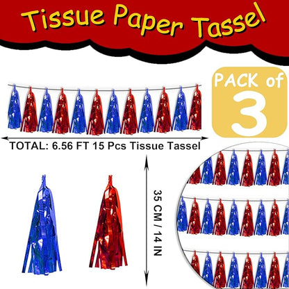 3P Blue Red Metallic Fringe Tassel Banner Garland Foil Tinsel Streamer Wall Curtain Backdrop for Parade Floats, Graduation, Independence Day, 4th of July, Patriotic Themed Party Decoration