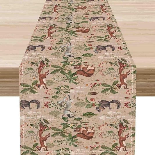 Rustic Woodland Table Runner, Farmhouse Forest Animals Country Lodge Wild Animals Fox Rabbits Table Center Decor for Home Kitchen Dining Patio Holiday Party Indoor Table Decorations, 13"x36" Inch