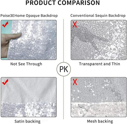 Poise3EHome 8Ft x 10Ft Silver Sequin Backdrop, Glitter Thick Satin Sequin Background Drapes, Sequence Xmas Thanksgiving Backdrop for Wedding Party Holiday Festival Decor