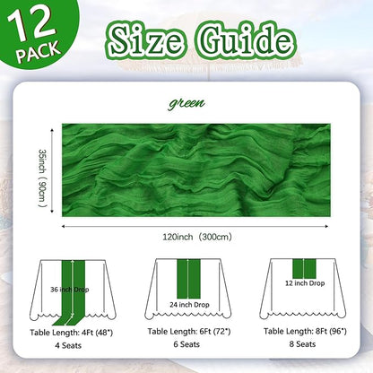 12 Pack Green Cheesecloth Table Runner 10ft Boho Gauze Fabric Cheese Cloth Table Runner 35 x 120 Inch Rustic Sheer Runner for Romantic Wedding Decor Baby Shower Party Table Centerpiece Decoration