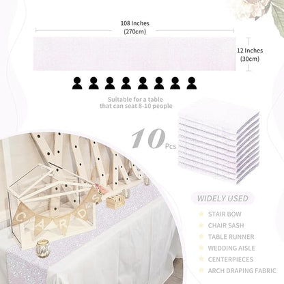 White Iridescent Sequin Table Runners 10 Pieces 12x108 Inches Glitter Table Cover for Wedding Birthday Banquet Party Table Decorations