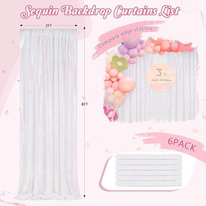 Backdrop Curtains 6 Panels Iridescent Sequin Background 2ftx8ft Glitter Fabric Baby Shower Party Wedding Photo Drapes Backdrop
