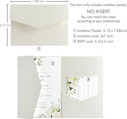 20 PCS Ivory Tri-fold Laser Cut Wedding Invitation Pockets for 5x7 Wedding Cards Bridal Shower Engagement Quinceanera Invitation