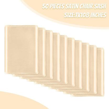 50 PCS Satin Chair Sashes Bows Universal Chair Ribbon Ties Back Sash for Wedding Party Reception Events Banquets Hotel Event Chair Cover Decoration (Champagne 7x108 inch)