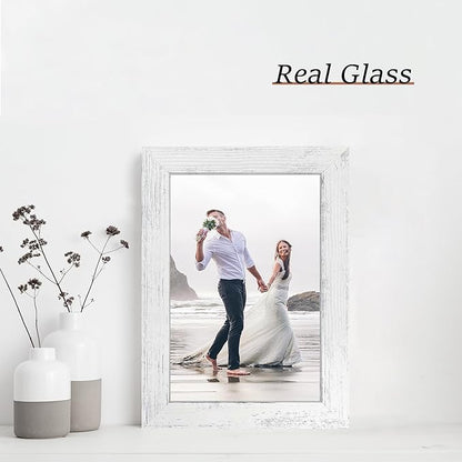 6x9 Picture Frame Set of 4, High Definition Glass Distressed White Frame, 6 x 9 Wood Photo Frames for Horizontal or Vertical Tabletop Display and Wall Mounting