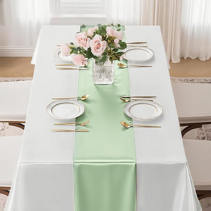 20 Pack Sage Green Satin Table Runner 12x108 Inches Long, Bright Silky Smooth Satin Table Runner Table Decor for Wedding Banquet Christmas Prom Event Birthday Party