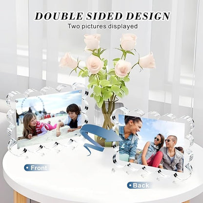 3 Pack 5x7 Inch Magnetic Acrylic Picture Frame,10+10mm Thick Block,Double Sided Clear scalloped frames for Desktop Display | Trendy Home Gift ((3 Pack), 5X7)