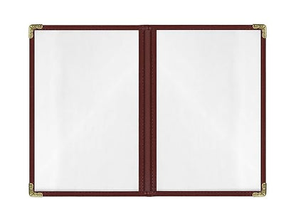 Goodsmart Restaurant Menu Covers – 25 Pack Burgundy 4-View, Side-Loading Menu Holders, Vinyl & Plastic Café Menu Covers, Clear Menu Sleeves, Fits 5.5" x 8.5", Leather-Style Design, Gold Corners