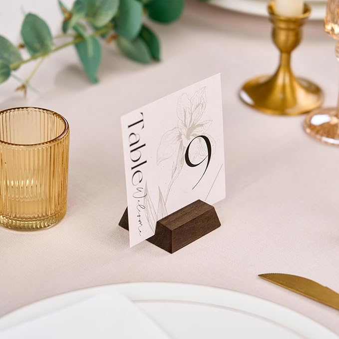 UNIQOOO 12 Pack Trapezoid Walnut Wood Stand |1.2mm Slot for Cardstock, Wedding Table Numbers Holders, Photo Holder, Photo Display Stand for Event Decor, Retail Shop, Cafe Restaurant Menu, Business Card, Name Tag