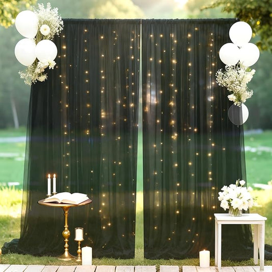10×10ft Tulle Backdrop Curtains with Lights String - 300LED Fairy Lights Sheer Curtain Backdrop for Weddings Baby Shower and Birthday Party Decorations(8 Panels 5×10ft)