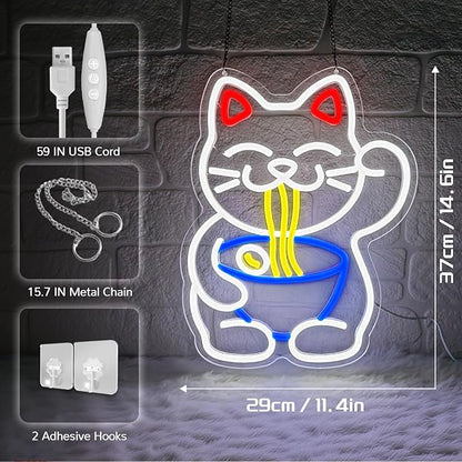 Lucky Cat Ramen Neon Sign,Neon Signs for Wall Decor,Dimmable USB Led Cat Sign,Neon Lights for Bedroom,Japanese Lucky Cat Noodle Led Neon Signs,Gift for Ramen Lovers,Anime Fans & Foodies