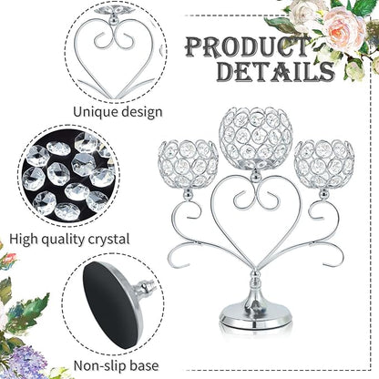 6 Pcs Silver 3-Arm Heart Tea Light Candle Holder - Crystal & Metal Wedding Centerpiece Decor, Sparkling Table Decor for Anniversaries/Romantic Tabletop Home/Dinner Party/Events