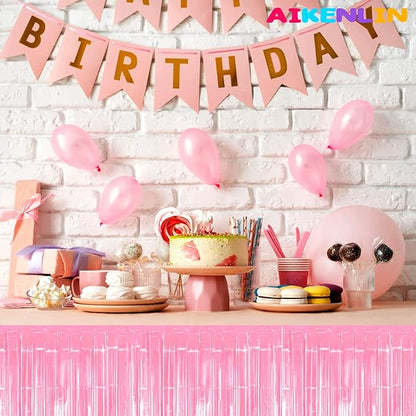 6 Pack 29x108 Inch Metallic Foil Fringe Tinsel Table Skirts Banner for Rectangle Tables Streamer Garland Curtains Backdrop for Birthday, Parade Floats, Valentine's Day Party Decoration(Macaron Pink)
