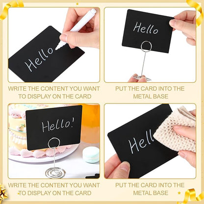 TecUnite 24 Pack Mini Chalkboard Signs, 4"x3" Small Table Place Cards with Metal Stand and 2 Marker Pens Food Labels for Party Buffet, Tabletop Blackboard Signs Name Tags for Wedding Bakery(Sliver)