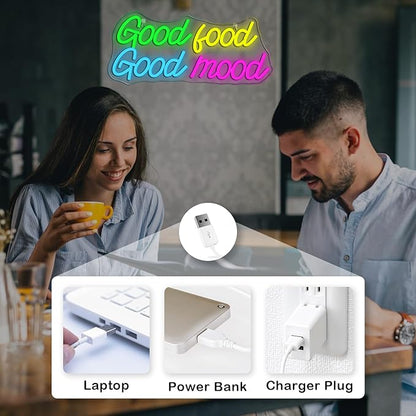 Looklight Good Food Good Mood Neon Sign,Letter Neon Signs for Wall Decor,Colorful Dimmable Neon Lights,USB Led Neon Signs for Kitchen Fast Food Shop Cafe Restaurant Store