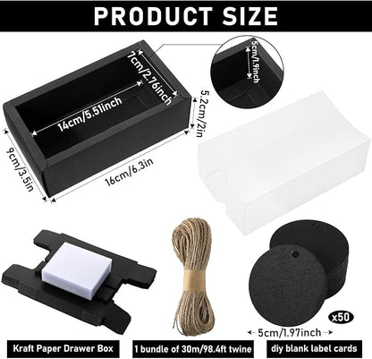 Roowest 50 Sets Kraft Gift Boxes Rectangle Kraft Paper Drawer Box with Window Homemade Soap Box with Blank Tags and Jute String for Jewelry Candy Wrapping Party Favor(Black, 6.3 x 3.5 x 2 Inch)
