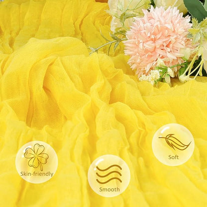 12 Pack Lemon Yellow Cheesecloth Table Runner 10ft Boho Gauze Fabric Cheese Cloth Table Runner 35 x 120 Inch Rustic Sheer for Romantic Wedding Decor Baby Shower Party Table Centerpiece Decoration