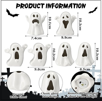 Wesiti 6 Pcs Ceramic Ghost Light up Halloween Decorations Indoor Small White Ghost Figurines Gothic Home Decor Spooky Statue Gift for Desk Tabletop Centerpieces Party Props