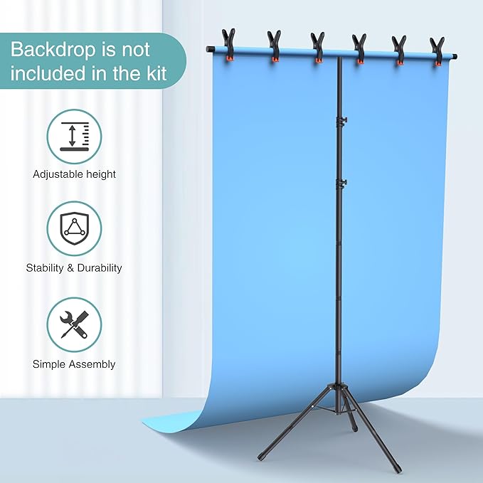 T-Shape Backdrop Stand 8x7.2FT, Height and Width Adjustable Background Stand for Parties,Green Screen Holder with 6 Spring Clamps