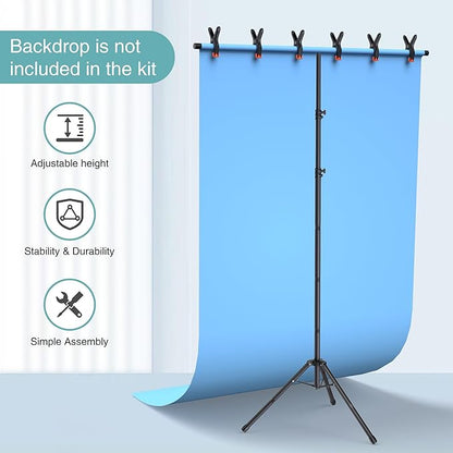 T-Shape Backdrop Stand 8x7.2FT, Height and Width Adjustable Background Stand for Parties,Green Screen Holder with 6 Spring Clamps