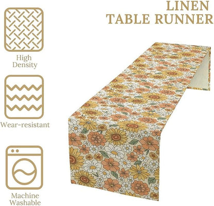 Vintage Floral Table Runner,Boho 70s Style Retro Daisies Flower Table Runner for Kitchen Dining Table Home Party Decoration 13x60 Inch
