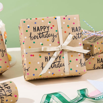 LeZakaa Birthday Kraft Wrapping Paper Roll, Happy Birthday Lettering & Colored Polka Dots Kraft Design for Holiday, Party, Baby Shower, 17 inches x 32.8 Feet (46.45 sq.ft.)