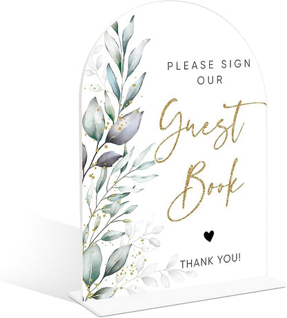 Acrylic Wedding Signs, Greenery Theme Please Sign Our Guestbook, Wedding Reception Signage, Bridal Shower Table Decor with Stand, Engagement, Anniversary, Newlywed Events and Parties Supplies, 19