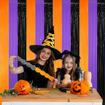 GOER 3.2 ft x 8.2 ft Metallic Tinsel Foil Fringe Curtains for Halloween Birthday Graduation New Year's Party Decorations(1 Pack,Black&Orange&Purple)