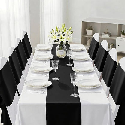 SHEJIZE 2 Pack Black Satin Table Runner 12x108 Inches Long, Bright Silky Smooth Satin Table Runner Table Decor for Wedding Banquet Christmas Prom Event Birthday Party