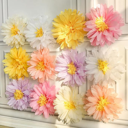 12 Pcs Daisy Tissue Paper Pom Poms Party Decorations Colorful Tissue Flowers Spring Party Decoration Paper Flowers Decorations for Wall Backdrop Garden Wedding Decor
