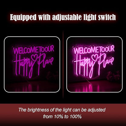 Welcome To Our Happy Place Neon Sign LED Pink Our Happy Place Neon Light With USB for Wall Decor Dimmable Happy Letters Light Up Sign for Bedroom Wedding Party Home Decor (16.7 * 12.6In)