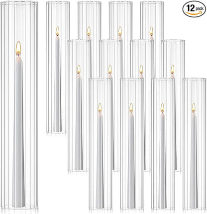 12 Pcs Hurricane Glass Candle Holders 2.5 x 14 Open Ended Tube Ribbed Shade Bottomless Chimney Cylinder Taper Candle Cover for Wedding Anniversary Table Centerpiece