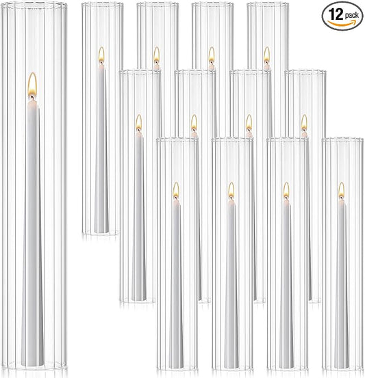 12 Pcs Hurricane Glass Candle Holders 2.5 x 14 Open Ended Tube Ribbed Shade Bottomless Chimney Cylinder Taper Candle Cover for Wedding Anniversary Table Centerpiece