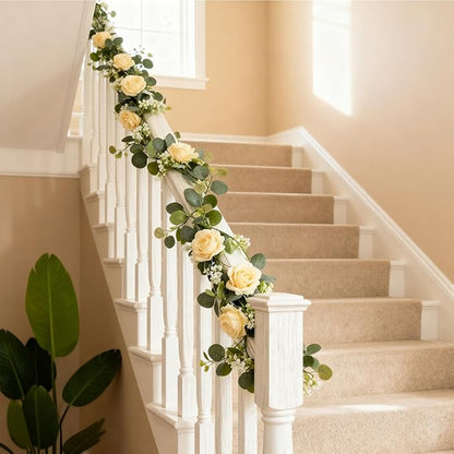 2 Pack 5.9 FT Artificial Flower Garland with Lights, Fake Floral Garland with 12 Roses, White Flower Decorations for Arch Table Centerpieces Backdrop Party Home Wedding Decorations