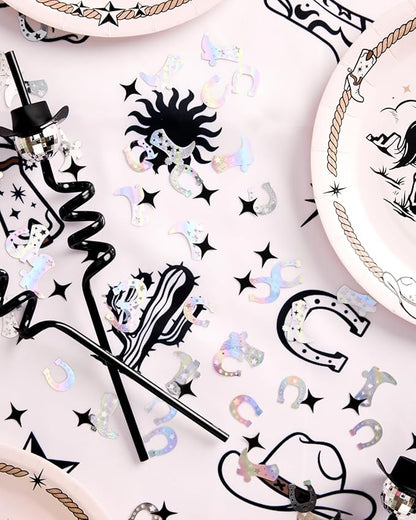xo, Fetti Black + Iridescent Western Confetti - 200 pc | Rodeo Bachelorette Tablescape, Ranch Birthday Party Decoration, Cowgirl Table Decor, Cowboy Kids Party Supplies