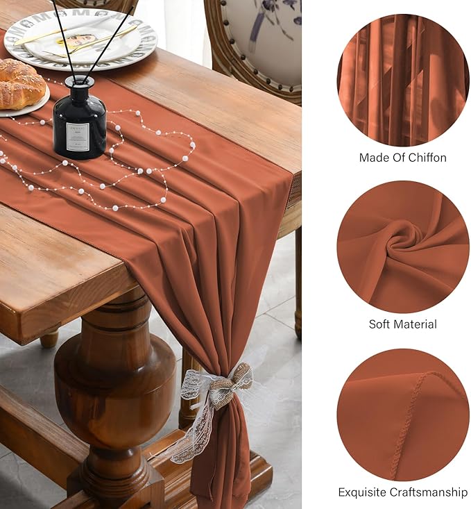 2 Pack 10 Ft Chiffon Table Runner Rust Gauze Long Table Runners 27x120 Inches Sheer Tulle Table Runner for Rustic Wedding Reception Bridal Shower Decorations Birthday Party