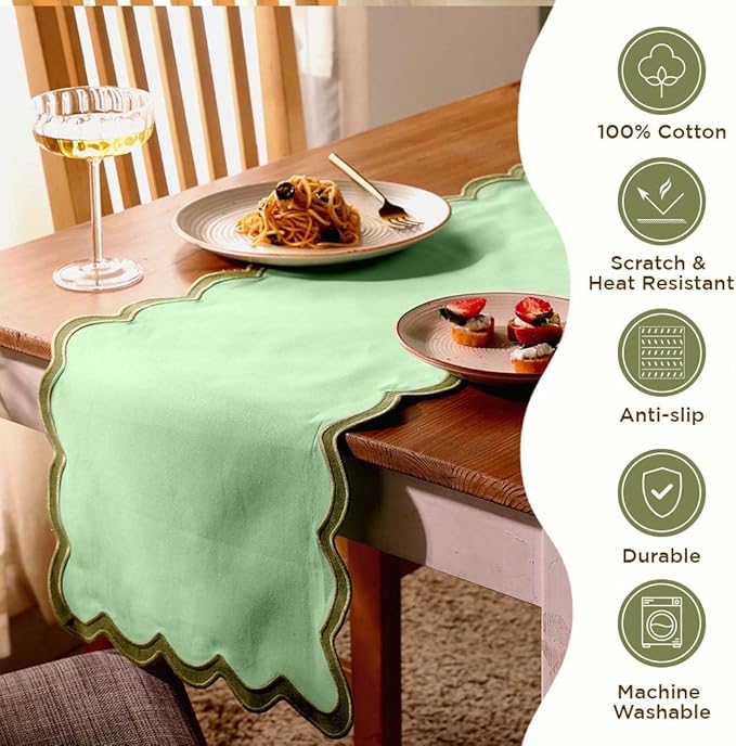 Folkulture Table Runner | Table Runners 72 inches Long | Scallop Table Runner for Farmhouse Decor or Boho Decor | Sage Green Table Runners for Dining Room Table Decor | Pastel Party Decorations