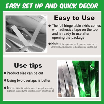 3 Pack 29 x108 Inch Silver Green Foil Fringe Table Skirts Metallic Banner for Tinsel Streamer Garland Backdrop for Parade Floats Mother's Day, Graduate, Birthday, Wedding Party Decoration