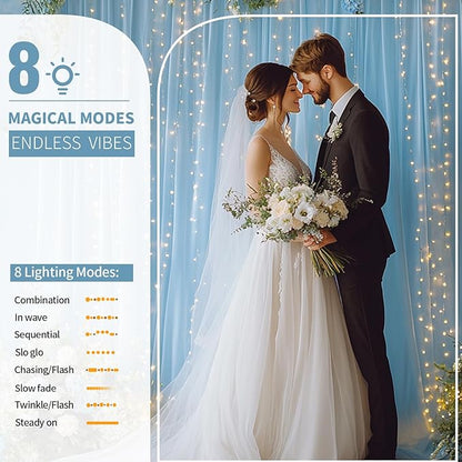 Baby Blue Tulle Backdrop Curtain with Lights String - 10x8ft Sheer Backdrop with 250 LEDs for Wedding, Baby Shower, Bridal Shower, Birthday Party Photo Shoot Background and Home Decorations