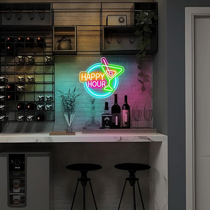 Happy Hour Neon Sign Dimmable Led Happy Hour Neon Bar Signs for Home Bar, USB Powered Bright Cocktails Happy Hour Neon Signs for Wall Decor Bar Pub Man Cave Party Art Decor(14.1*12.5inches)