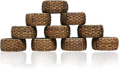 Decorative Cane Napkin Rings Set of 12 - Hand Woven Napkin Holders for Farmhouse, Rustic, Holiday, Wedding, Easter, Thanksgiving, Xmas, Boho & Fall Table Décor (Walnut) - CLEENTABLE