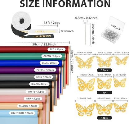 NESCCI 200 Sheets Flower Wrapping Paper - Waterproof Florist Bouquet Paper,70Ft Satin Ribbon, 36 Pcs 3D Butterflies 100 PCS Flower Pins for Wedding Birthday Gift DIY (10 Colors)