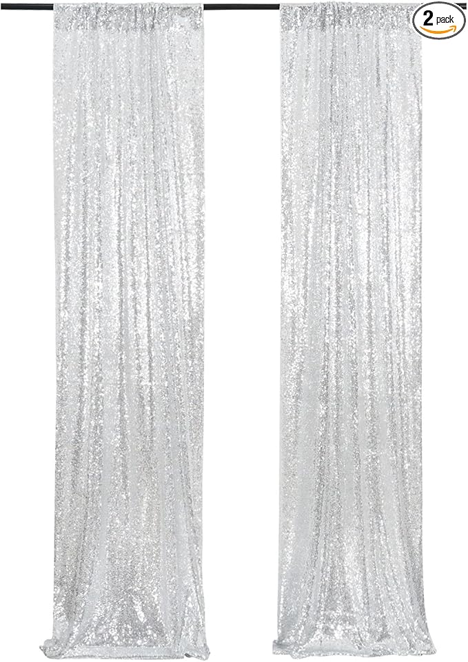 Poise3EHome Silver Sequin Backdrop Curtains,2ft x 8ft Sequin Photography Backdrop Curtain 2 Panels for Party Decoration