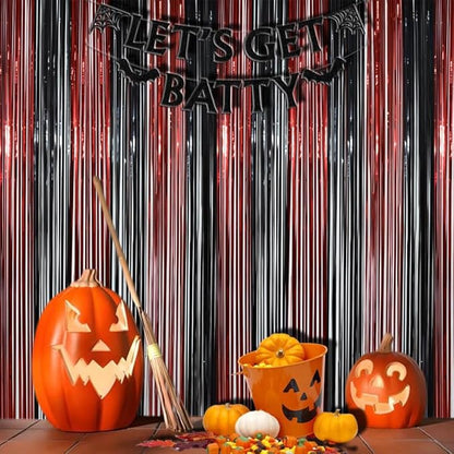 BRAVESHINE Tinsel Photo Backdrop Curtains - 2 Pack 3.2x8.2ft Black Red Foil Fringe Streamer Curtain for Halloweens, Lantern, Pumpkin, Home, Indoor or Outdoor Party Supplies Decorations